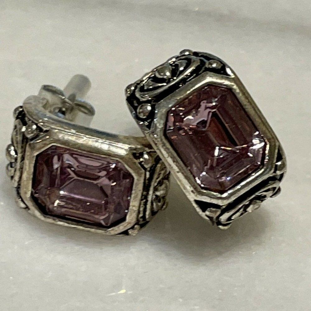 silver tone purple amethyst rhinestone earrings